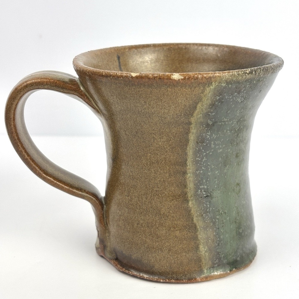 Signed RM RH Studio Pottery Mug Brown Olive Green Handmade Stoneware Coffee Cup
